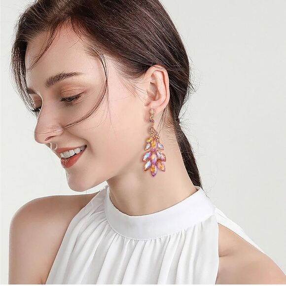 Yellow Gold and Pink Iridescent AB Austrian Crystal Peacock Chandelier Earrings - Picture 3 of 5